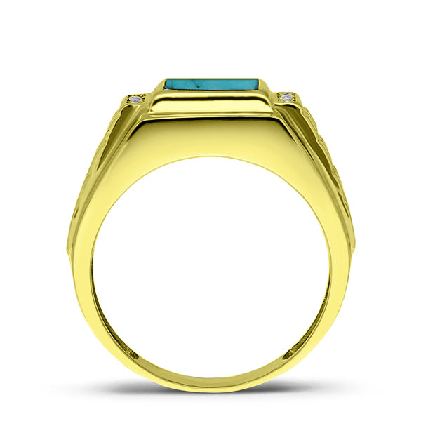 Real Fine 14K Yellow Gold Turquoise Mens Ring with 0.08ct Natural 4 Diamonds