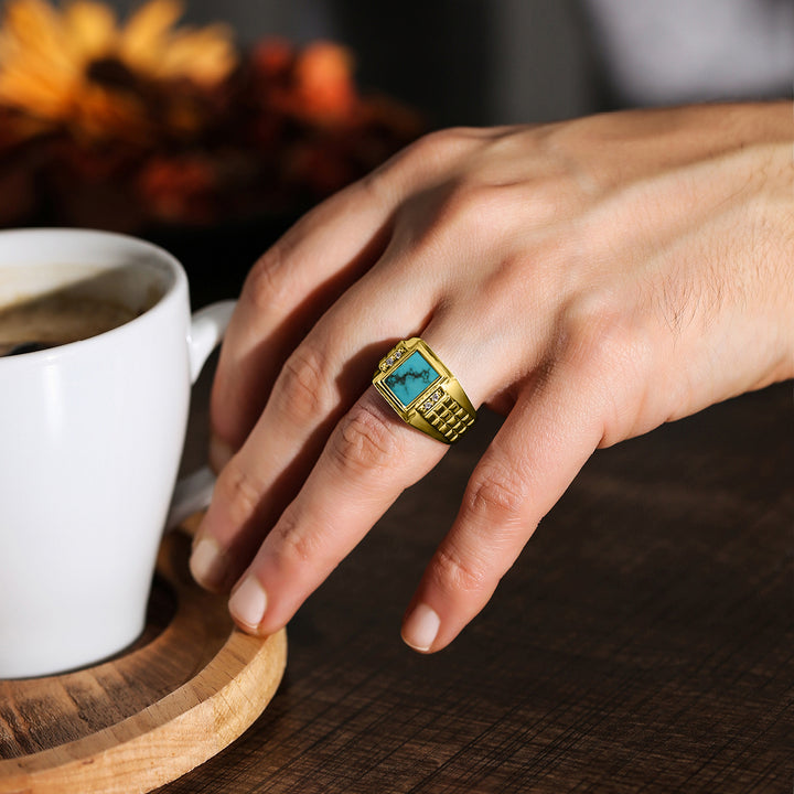 18K Real Yellow Fine Gold Blue Turquoise Mens Ring 4 Natural Diamonds Accents