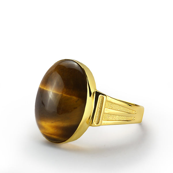 Brown Tiger's Eye Men's Ring in 10k Yellow Gold, Natural Stone Ring for Men