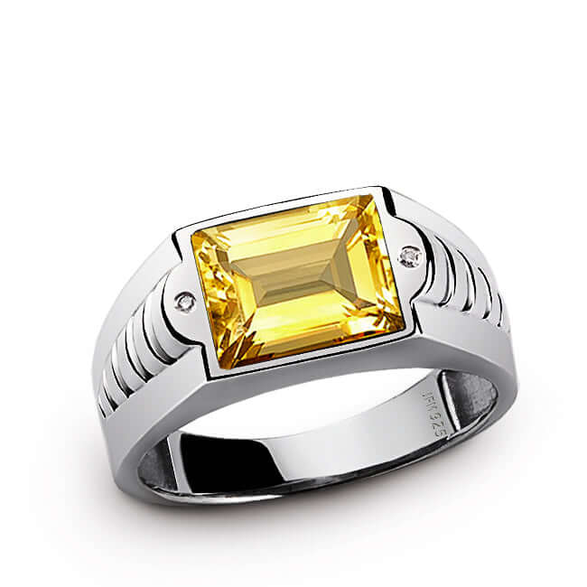 Ring for Men in Sterling Silver with Gemstone & Natural Diamonds citrine