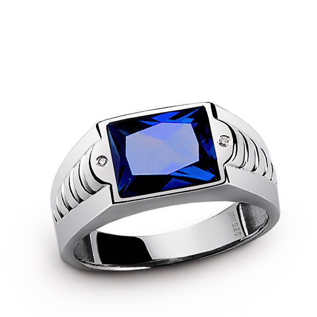 Ring for Men in Sterling Silver with Gemstone & Natural Diamonds sapphire