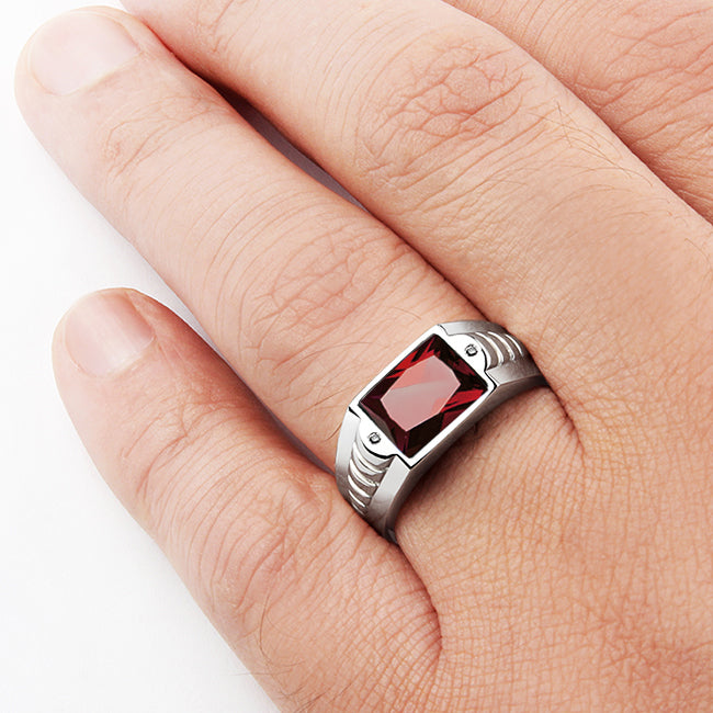 Ring for Men in Sterling Silver with Gemstone & Natural Diamonds ruby