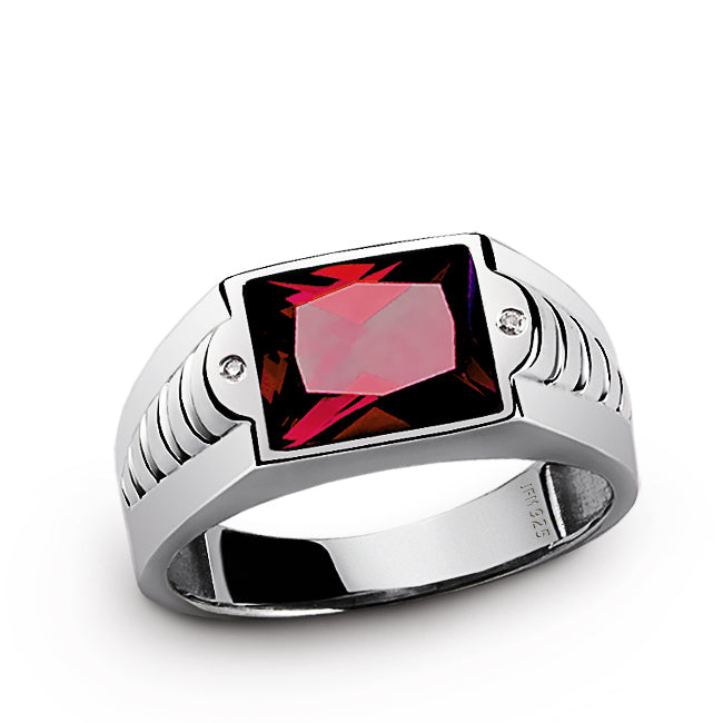 Ring for Men in Sterling Silver with Gemstone & Natural Diamonds ruby