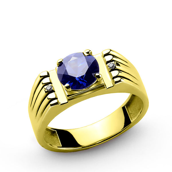 14k Gold Men's Ring with Blue Sapphire and Genuine Diamonds