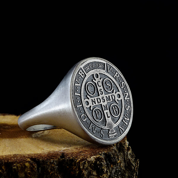 Saint Benedict Exorcism Ring Cross Signature Men's Signet Ring Solid 925 Silver