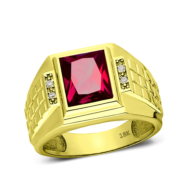 18K Real Yellow Fine Gold Red Ruby Mens Ring with 4 Natural Diamond Accents