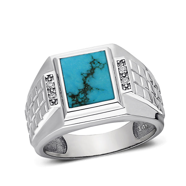 Mens Solid 14K White Gold Turquoise Ring 0.08ct Natural 4 Diamonds Ring for Man