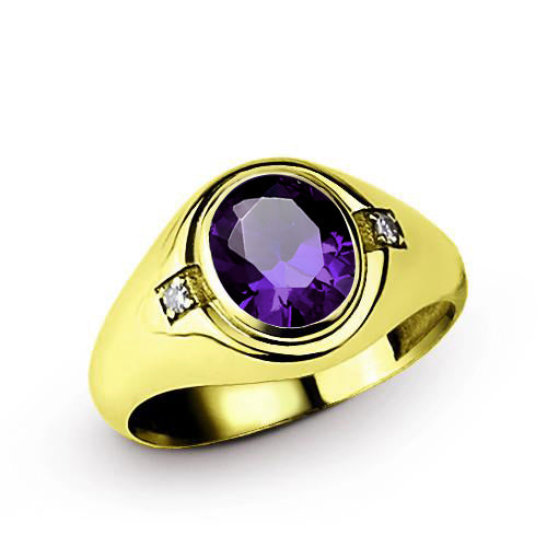 Oval Amethyst Men's Ring with 2 Genuine Diamonds in 14k Yellow Gold