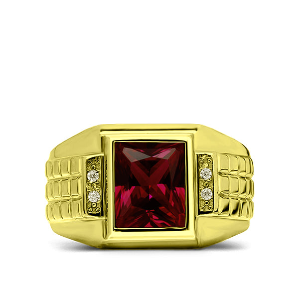 Solid 14K Yellow Gold Red Ruby Ring with 0.08ct Natural Diamonds Mens Fine Ring