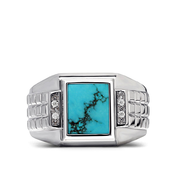 Mens Solid 14K White Gold Turquoise Ring 0.08ct Natural Diamond Ring for Man