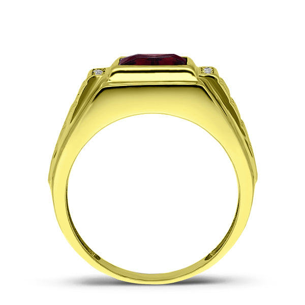 18K Real Yellow Fine Gold Red Ruby Mens Ring with 4 Natural Diamond Accents