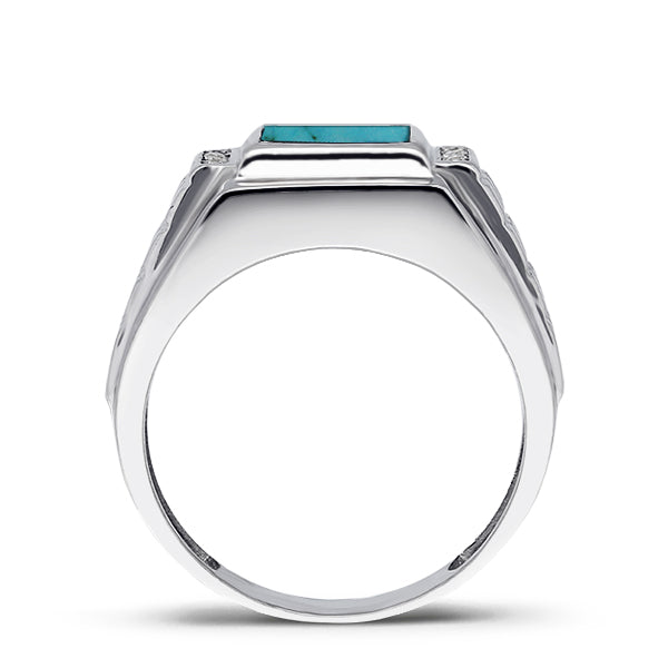 Mens Solid 14K White Gold Turquoise Ring 0.08ct Natural 4 Diamonds Ring for Man