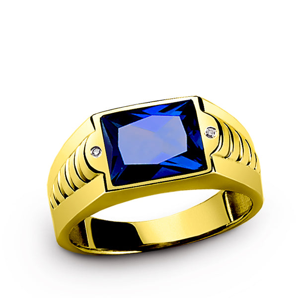 Blue Sapphire Mens Ring in REAL 10K YELLOW GOLD with GENUINE DIAMONDS