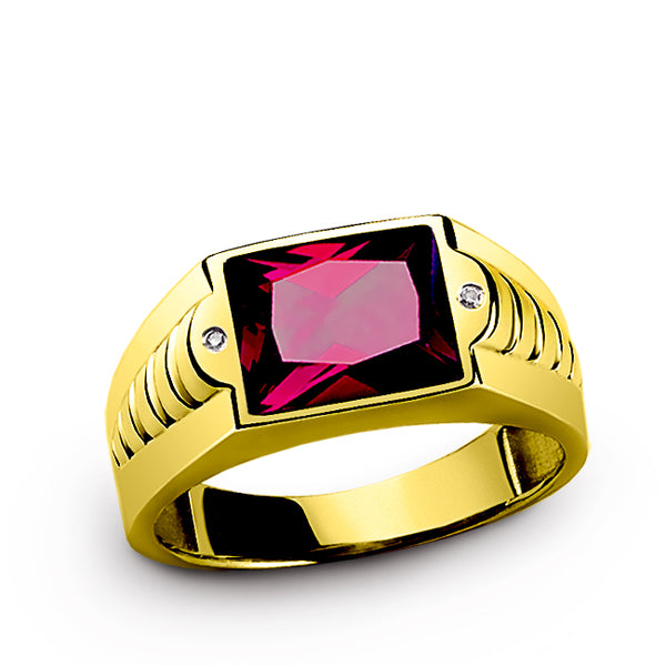 Red Ruby Mens Ring REAL 10K YELLOW GOLD with 2 DIAMOND Accents Statement Ring