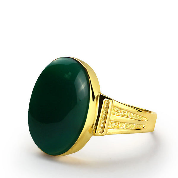 Men's Ring with Green Agate Stone in 14k Yellow Gold