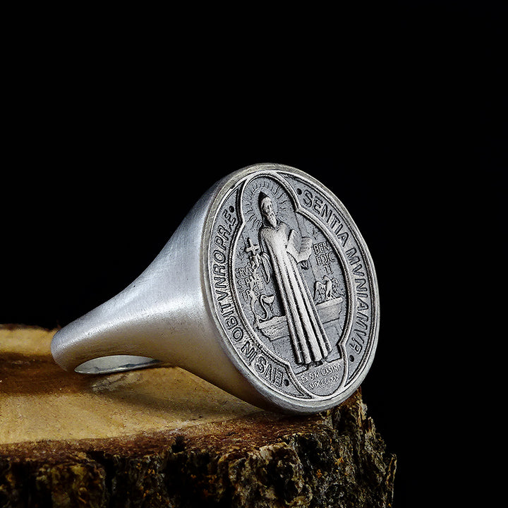 St. Benedict Medallion Men’s Christian Religious 925 Silver Ring