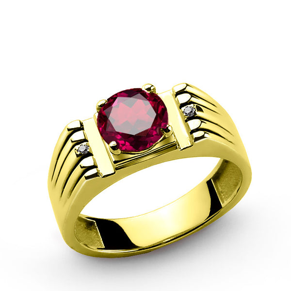 Men's Ring with Red Ruby and Genuine Diamonds in 14k Yellow Gold