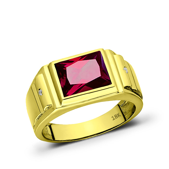 18K Solid Yellow Gold Jewlery Red Ruby Mens Ring with 2 Natural Diamonds Accents
