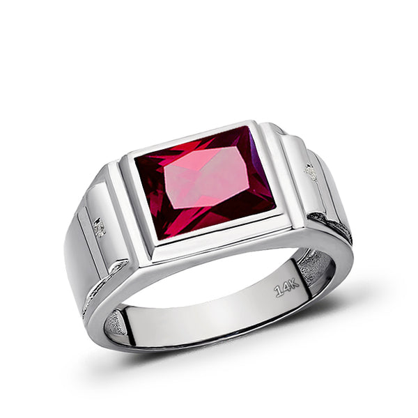 Mens Real 14K White Gold Red Ruby Ring 0.04ct Natural Heavy Diamond Ring for Men