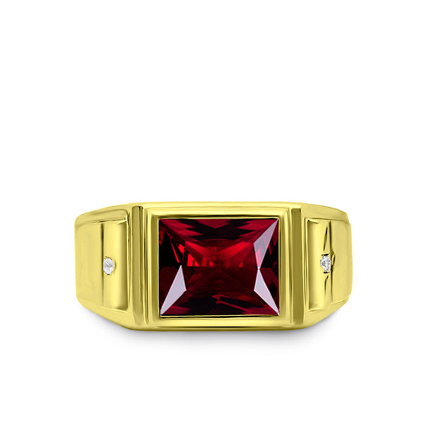 New 18K Gold Plated Silver Mens Red Ruby Ring With 2 Real Diamond Accents Any Sz
