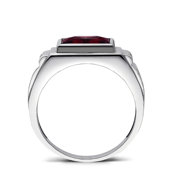 Mens Real 14K White Gold Red Ruby Ring 0.04ct Natural Heavy Diamond Ring for Men