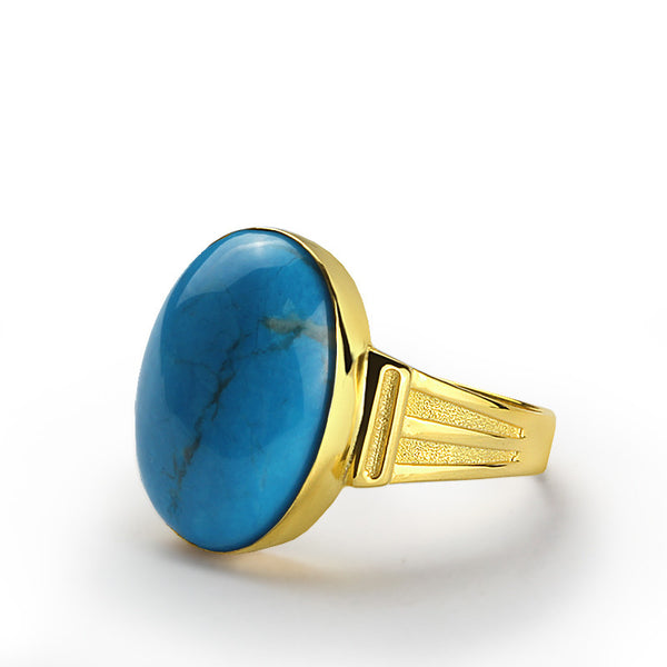 Blue Turquoise Men's Ring in 10k Yellow Gold, Natural Stone Ring for Men
