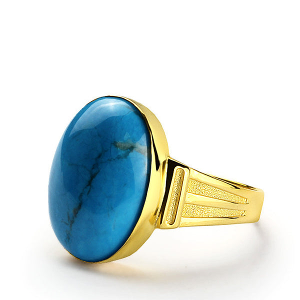 Men's Ring with Blue Turquoise in 14k Yellow Gold, Natural Stone Ring for Men