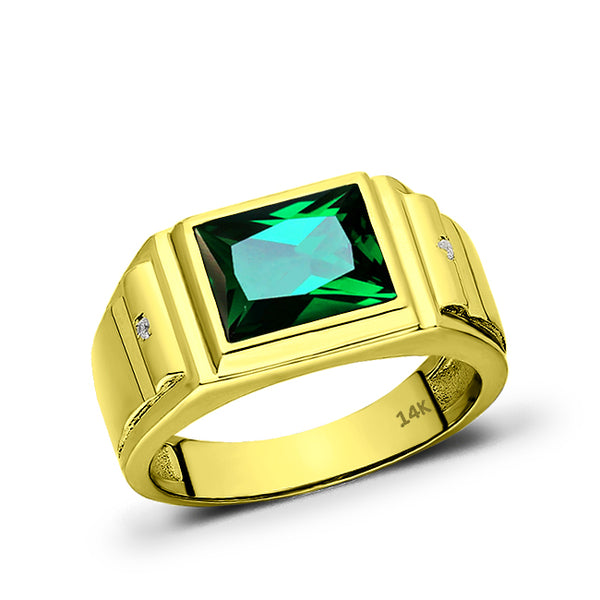 Men Rectangular Signet Ring Real 14k Solid Yellow Gold Emerald and 2 Diamonds