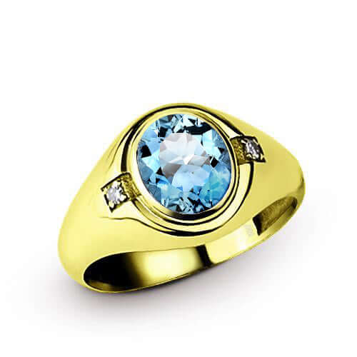 Men's Wedding Ring with Stone in 10k Gold Aquamarine & Diamonds