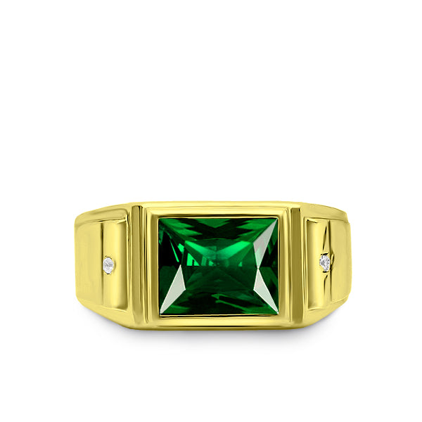 Men Rectangular Signet Ring Real 14k Solid Yellow Gold Emerald and 2 Diamonds