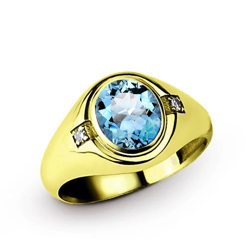 Aquamarine Men's Ring with 2 Diamond Accents in 14K Yellow Gold | JFM
