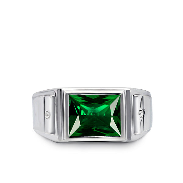 Solid 14K Heavy White Gold Masculine Ring Green Emerald and 2 Diamonds Size 5-15