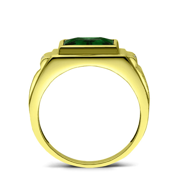 Modern Men Ring Yellow Gold Solid 10K Wide Band Emerald with 2 diamond Accents