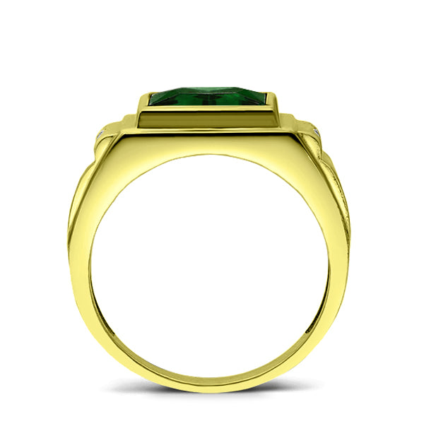 18K Yellow Gold Plated Man Statement Emerald Ring 2 Diamonds Luxurious Jewelry
