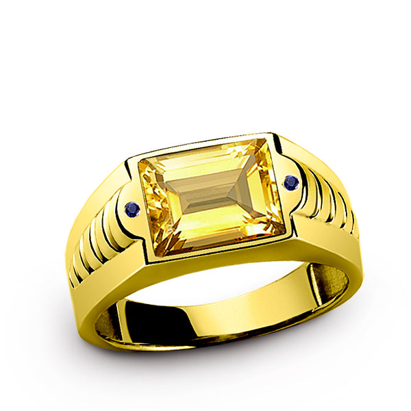 10k Yellow Gold Mens Ring Yellow Citrine 2 Round Sapphire Accents