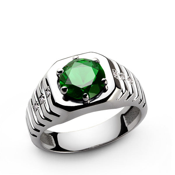 Men's Diamond Ring in 925 Sterling Silver with Green Emerald