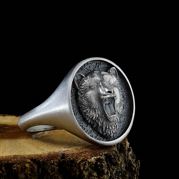 Bear Head Handmade Signet Oxidized 925 Sterling Silver Mens Ring