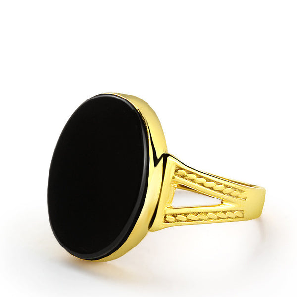 Onyx Ring for Men in 14k Yellow Gold, Men's Ring with Natural Black Stone
