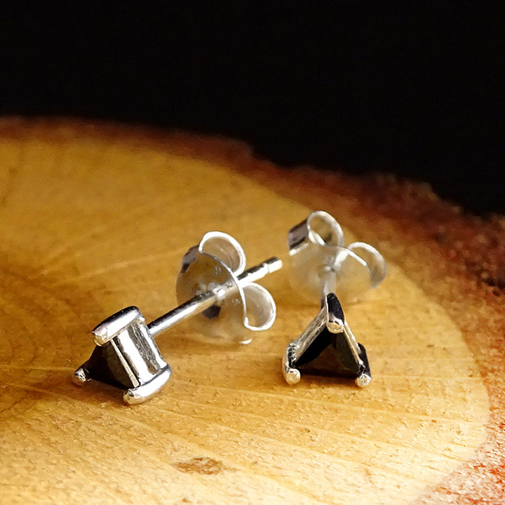 Mens Triangle Stud Earrings Solid 925k Sterling Silver with Black CZ
