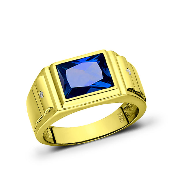 Gold Plated Silver Mens Blue Sapphire Ring with 2 Real Diamonds Artisan Crafted