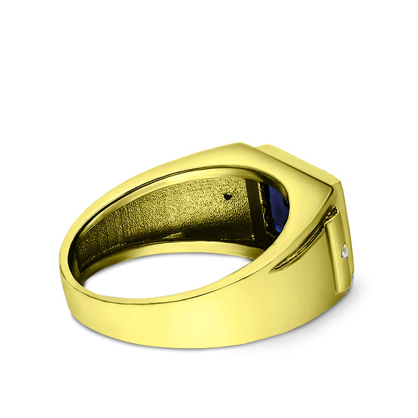Gold Plated Silver Mens Blue Sapphire Ring with 2 Real Diamonds Artisan Crafted