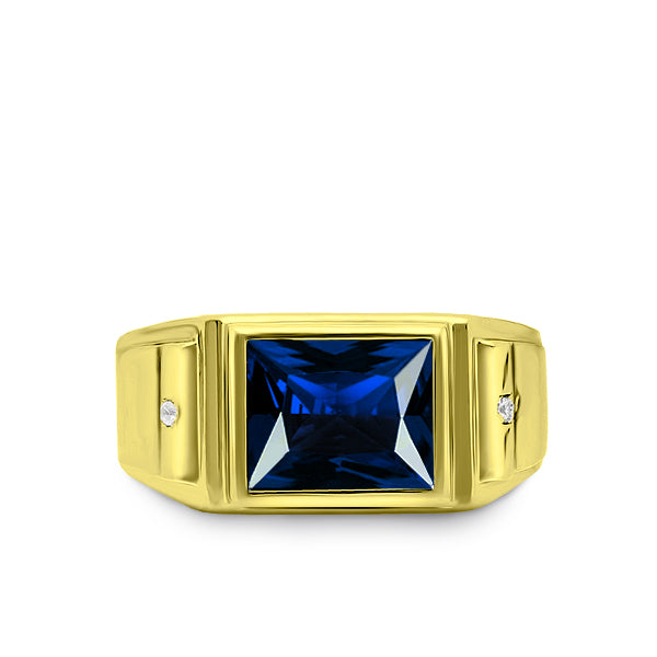 Gold Plated Silver Mens Blue Sapphire Ring with 2 Real Diamonds Artisan Crafted