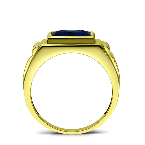 Wedding Handfasting Mens 10K Yellow Gold Blue Sapphire Wide Ring 0.04ct Diamonds