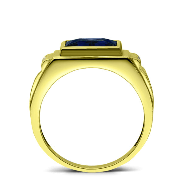 Solid 14K Gold Blue Sapphire Viktorian Look Mens Ring 0.04ct Earth Mined Diamond