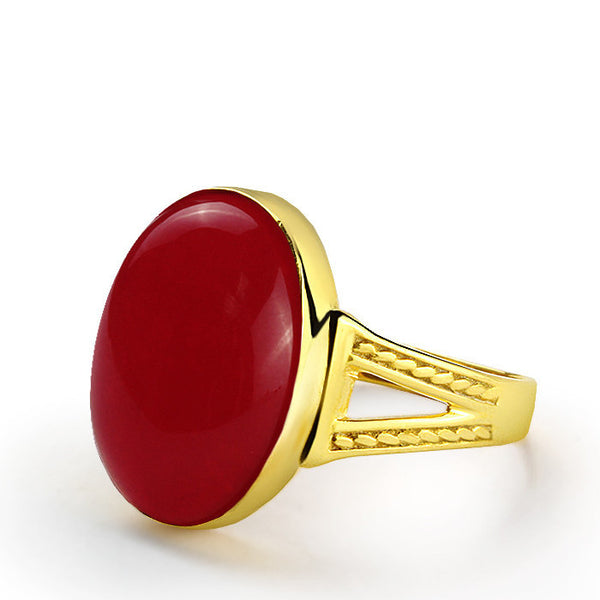 14k Yellow Gold Men's Ring with Natural Red Agate Stone