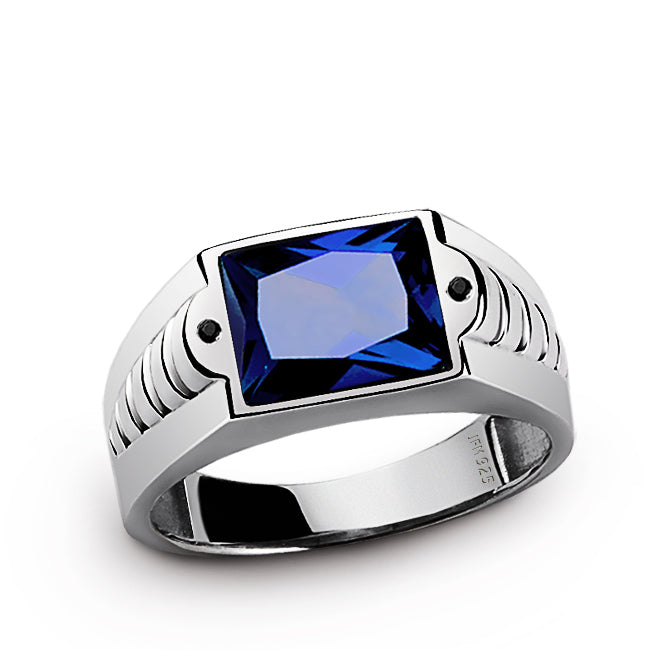 Male Gemstone Ring with Black Onyx Accents in 925 Silver sapphire