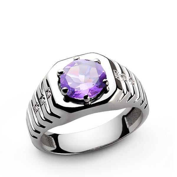 Sterling Silver Men's Ring with Amethyst Gemstone and Diamonds