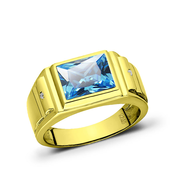 New 925 Real Solid Silver 18K Gold Plated Mens Blue Topaz 2 Diamond Accents Ring