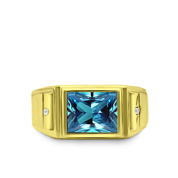 New 925 Real Solid Silver 18K Gold Plated Mens Blue Topaz 2 Diamond Accents Ring