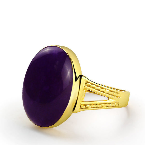 14k Yellow Solid Gold Men's Ring with Purple Agate Stone